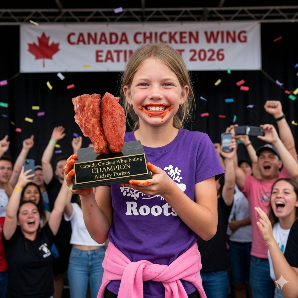 Audrey Podrey holding her 1st place trophy at the Canada Chicken Wing Eating Championship